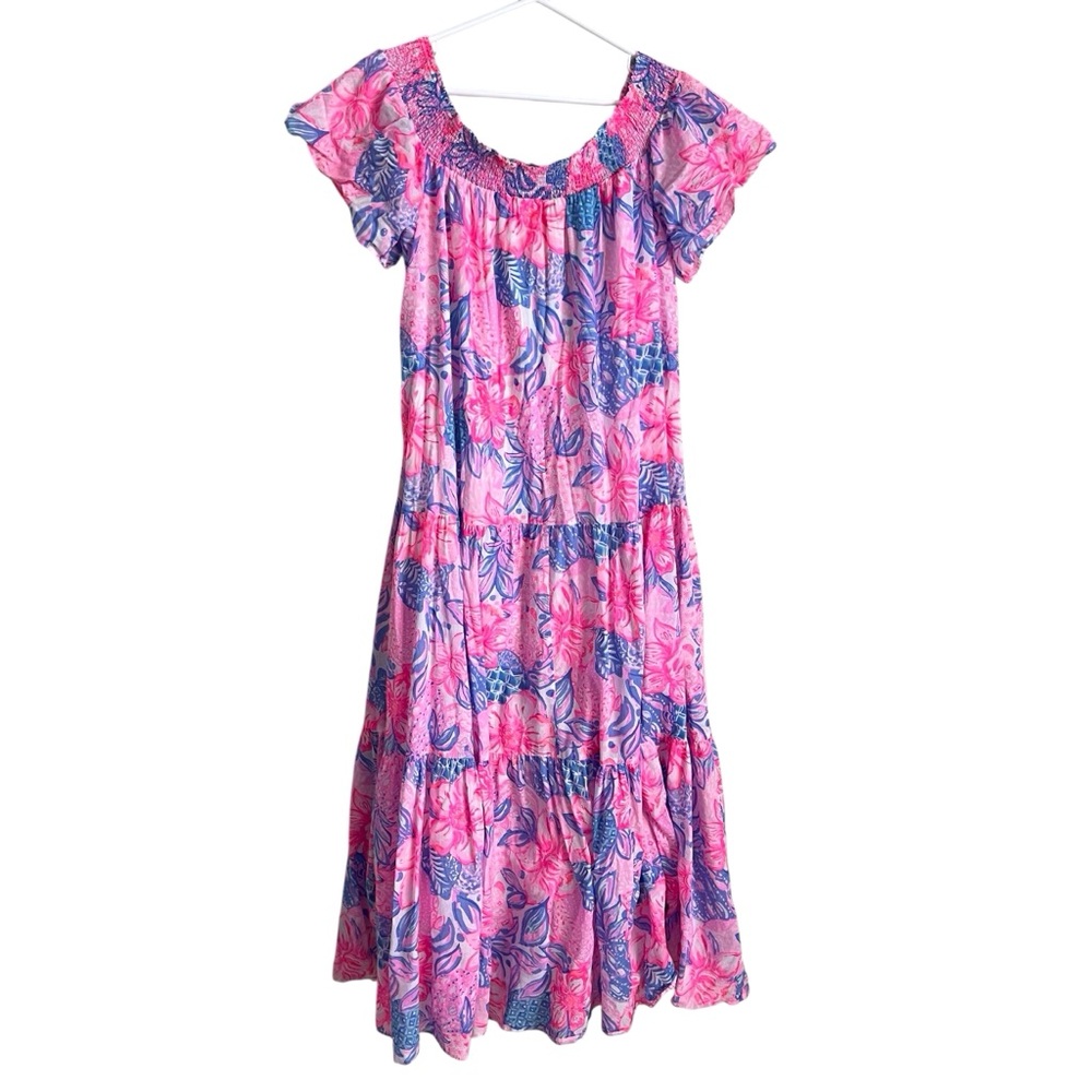 Lilly Pulitzer Dezi Off Shoulder Maxi Dress Pink Isle Snappy Turtle Preppy XL - Picture 3 of 10